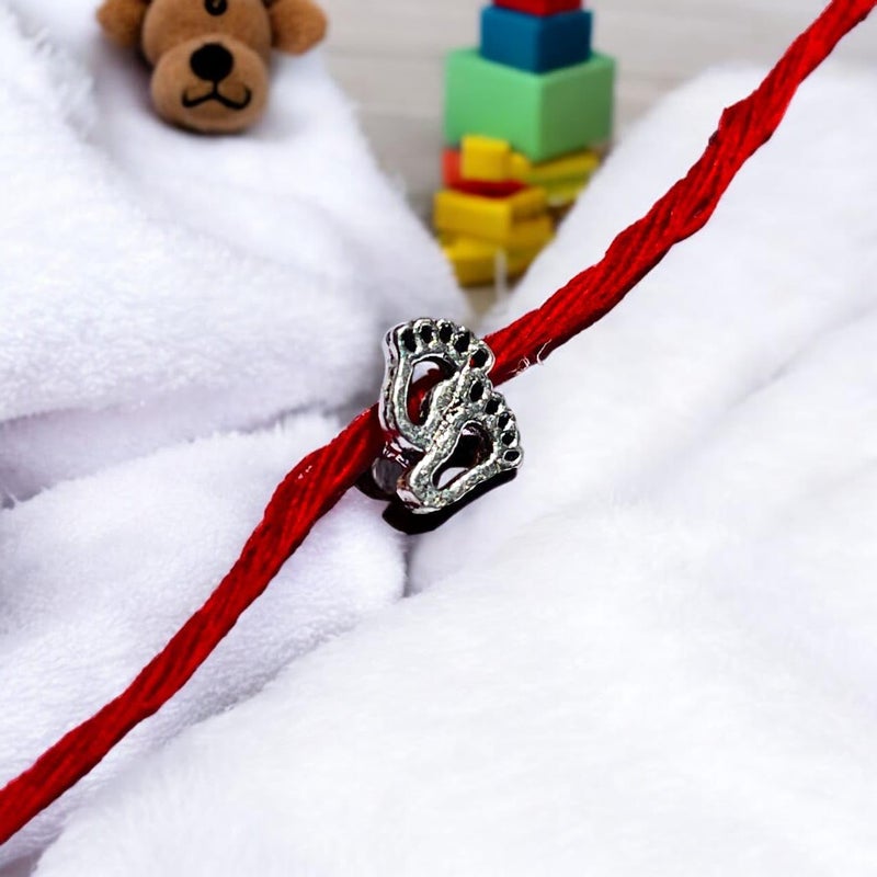 LBV 925 Sterling Silver Baby Feet Rakhi for Toddlers and kids | Raksha Bandhan Rakhi/Bracelet | Handcrafted | Handmade | Traditional Designer Rakhi for Gift | With Bottle Of Ganga jal Roli Chawal - Image 2