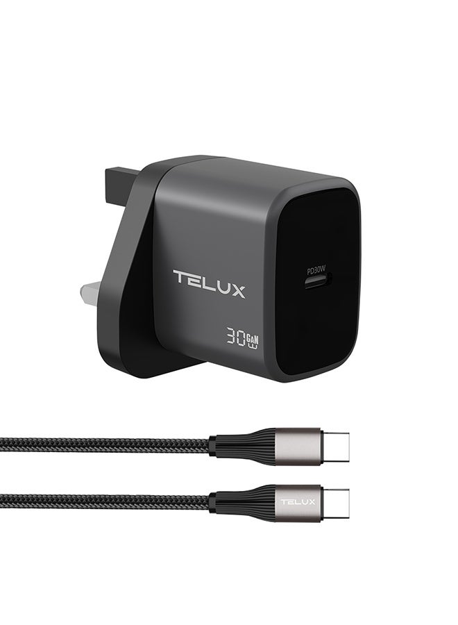 TELUX VOLTFLOW 30W GaN Wall Charger with USB-C Cable, Fast Charging 30W PD USB-C Port, Safe Overcharge & Short Circuit Protection, Compact & Universal Compatibility, Black - Image 1