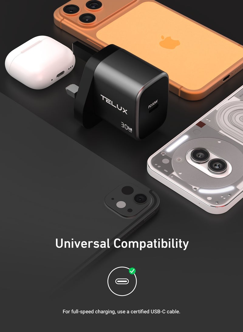 TELUX VOLTFLOW 30W GaN Wall Charger with USB-C Cable, Fast Charging 30W PD USB-C Port, Safe Overcharge & Short Circuit Protection, Compact & Universal Compatibility, Black - Image 5