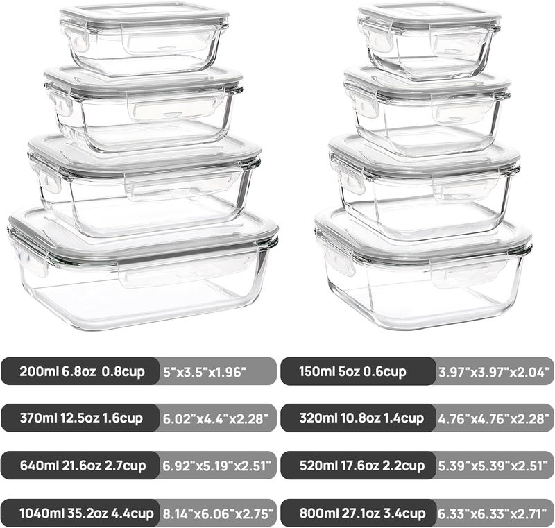 Vtopmart 8 Pack Glass Containers Set for Food Storage with Airtight Lids, Meal Prep Container Glass for Lunch, On the Go, Leftover, Freezer, Fridge, Microwave, Dishwasher Safe, BPA Free - Image 2