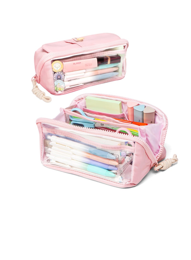 Excefore Large Pencil Pouch, Big Capacity Pencil Case with 5 Compartments, Multifunctional Cosmetic Bag, Simple Stationery Organizer, College Office Travel Storage Bag for Girls Adult, Pink - Image 1