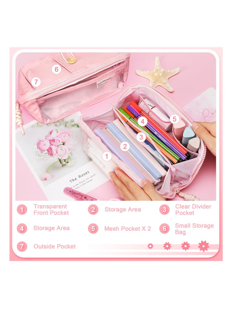 Excefore Large Pencil Pouch, Big Capacity Pencil Case with 5 Compartments, Multifunctional Cosmetic Bag, Simple Stationery Organizer, College Office Travel Storage Bag for Girls Adult, Pink - Image 2