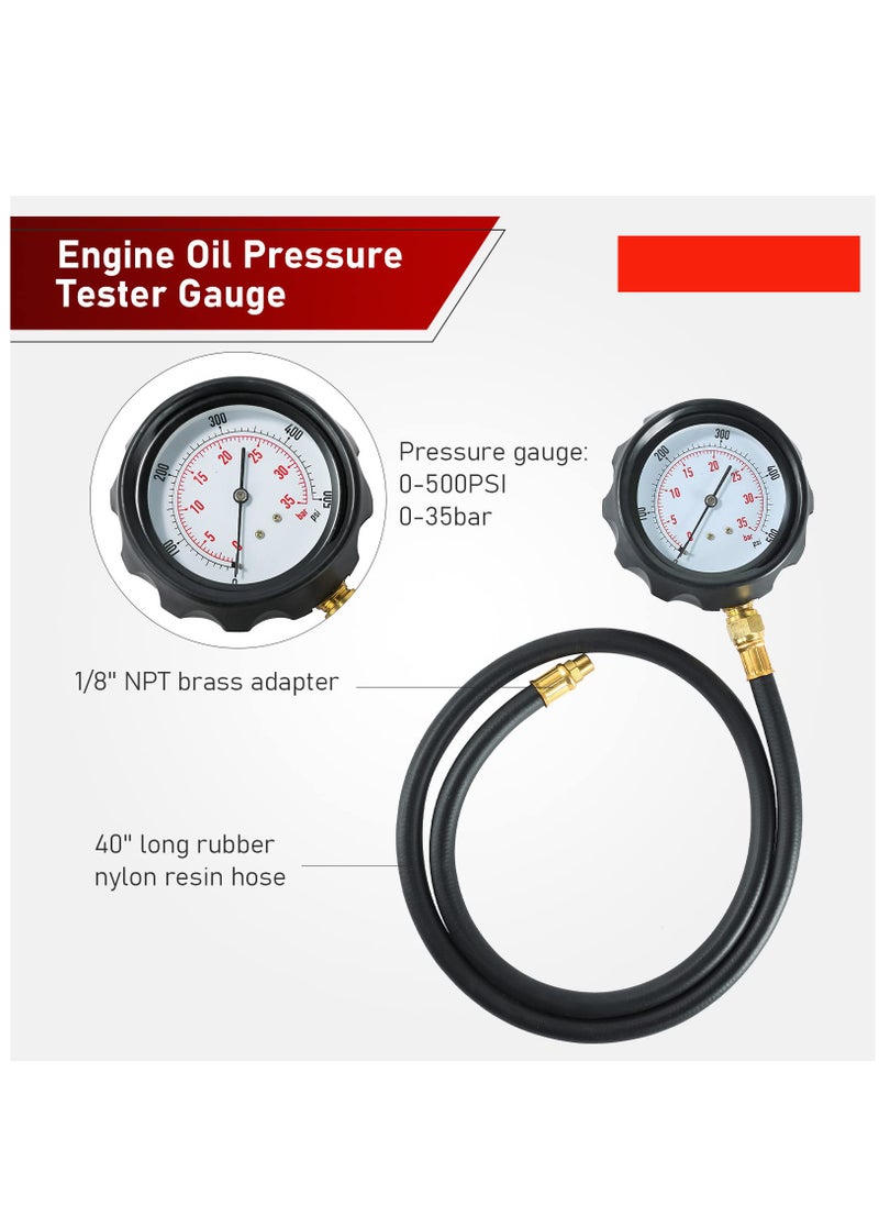 Excefore طقم اختبار ضغط الزيت ومجموعة أدوات اختبار تشخيص سائل ناقل الحركة وضغط المحرك، مقياس ضغط 500 رطل/بوصة مربعة (35 بار) للسيارات مع خرطوم ومحولات  - Image 2