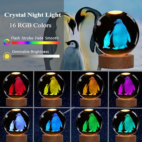 POSSHE Penguin Night Light Penguin Gifts K9 315 Inch 80mm Crystal Ball Night Light with 16 Colors Remote Upgraded Lamp for Birthday Xmas Cool Animal Figurines Gifts for Room Decor Boys Girls - Image 3