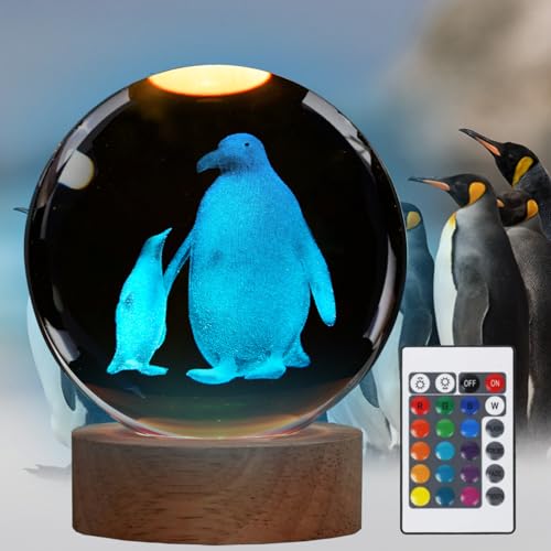POSSHE Penguin Night Light Penguin Gifts K9 315 Inch 80mm Crystal Ball Night Light with 16 Colors Remote Upgraded Lamp for Birthday Xmas Cool Animal Figurines Gifts for Room Decor Boys Girls - Image 1