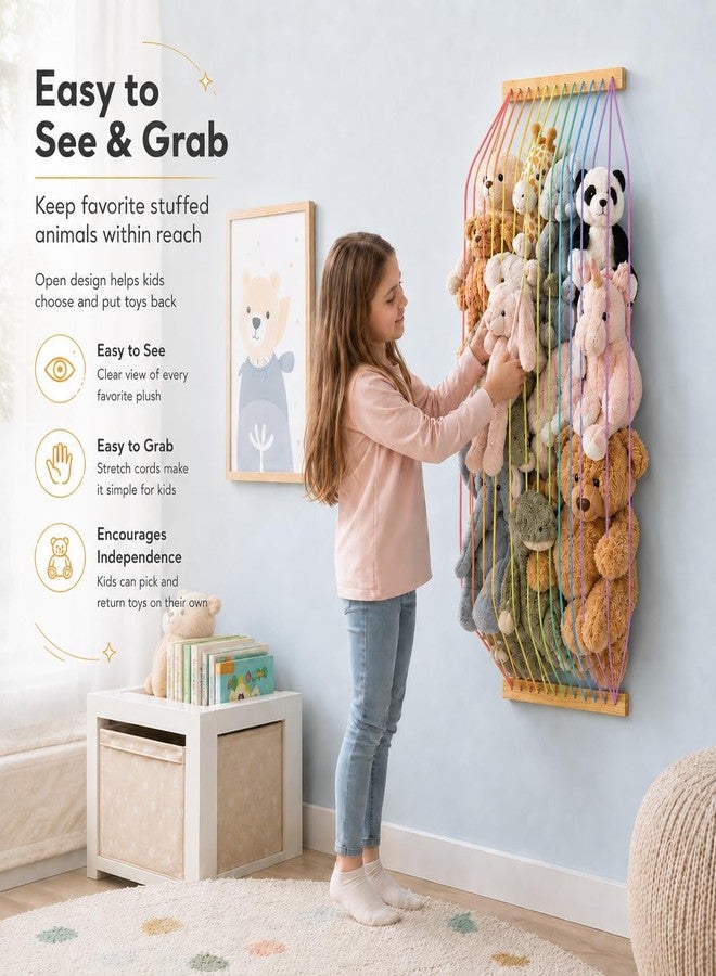 Vomelon Stuffed Animal Storage Wood Soft Toy Organizer for Kids Room，Cute and Durable Wall or Door Mount Length Adjustable Hanging Stuffed Animal Toy Organizer Shelf for Nursery Play Room Rainbow -Patent - Image 3