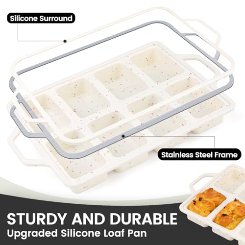 Vinino Silicone Mini Loaf Pans with Metal Reinforced Frame-2 Pack, Non-stick Silicone Bread Pan for Baking 8-Cavity, Tiny Banana Bread Set, Dishwasher Safe Brownie Pan-Cream - Image 2