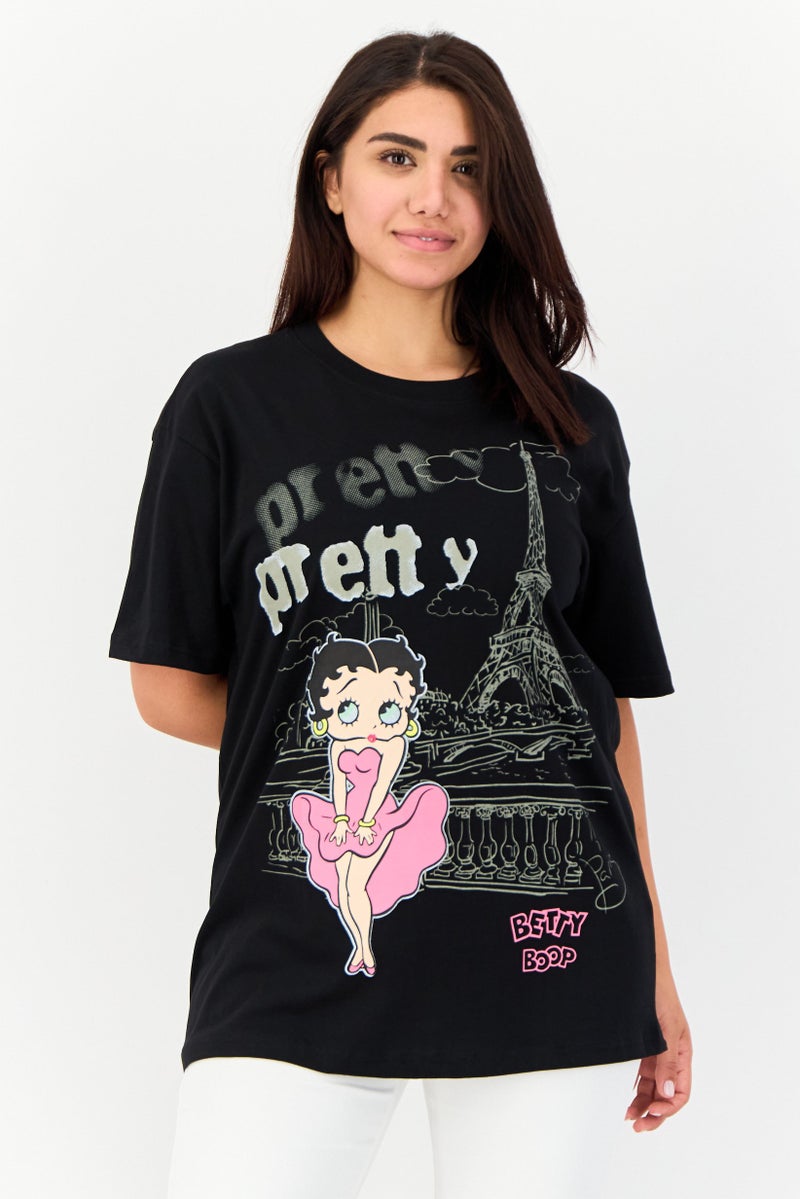 Fleischer Studios Women Crew Neck Short Sleeve Graphic Print T-Shirt, Black  - Image 1