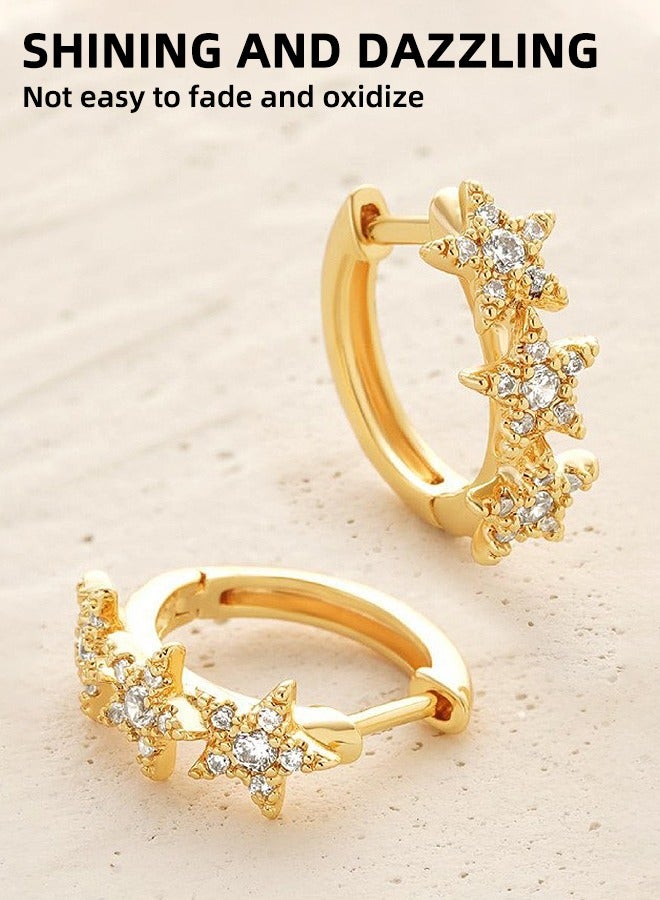 أقراط زركون على شكل نجمة، أقراط دائرية ذهبية مضادة للبهتان ومضادة للحساسية، أقراط مرصعة بالزركون، هدية أنيقة للبنات، أقراط على شكل نجمة، (ذهبي) - Image 2