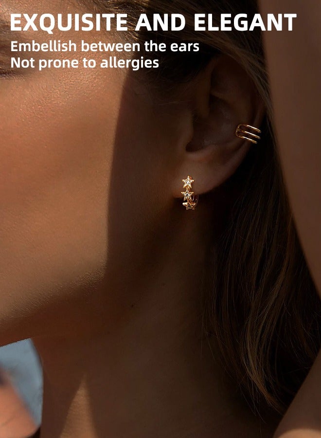 أقراط زركون على شكل نجمة، أقراط دائرية ذهبية مضادة للبهتان ومضادة للحساسية، أقراط مرصعة بالزركون، هدية أنيقة للبنات، أقراط على شكل نجمة، (ذهبي) - Image 3