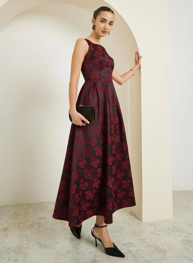 Red Floral Sleeveless Pleated Maxi Dress