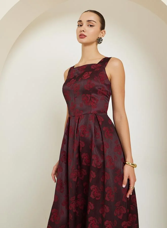 Styli Red Floral Sleeveless Pleated Maxi Dress