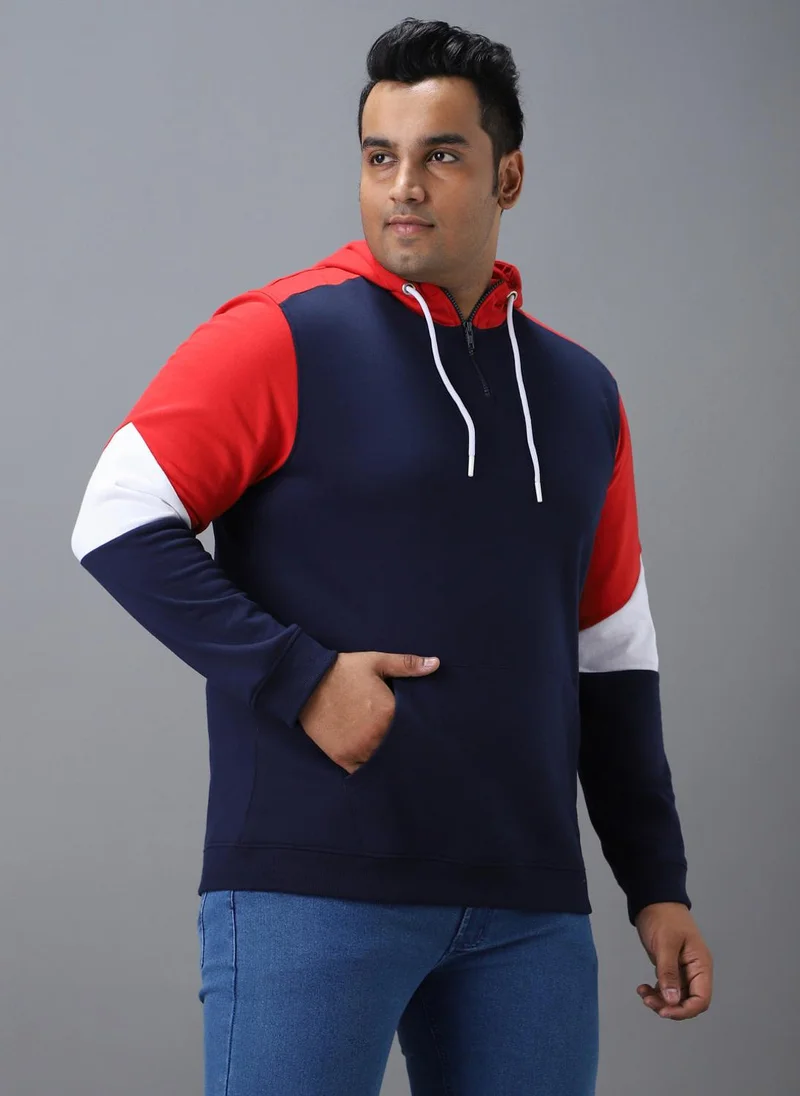 Urbano Plus Men's Blue, Red Cotton Colour Block Hooded Neck Sweatshirt