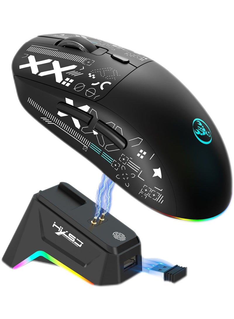 HYSJ tri-mode Bluetooth wireless gaming mouse, featuring a magnetic charging dock, lightweight anti-slip design, PixArt PAW3311 sensor, 22K DPI, BT/2.4GHz/wired connectivity, compatible with PC/MAC - Image 1
