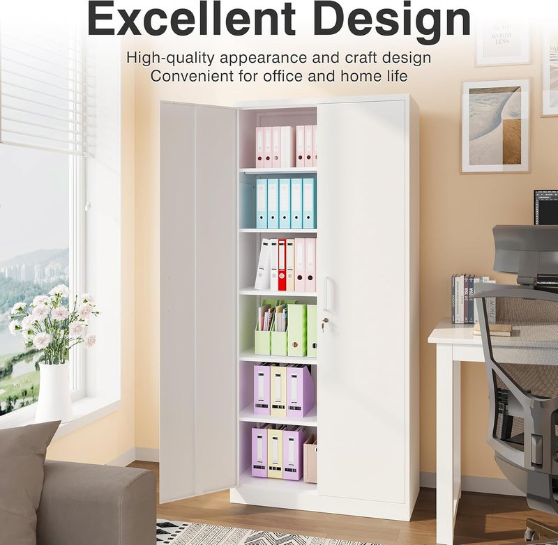 SISESOL Metal Storage Storage Cabinet with 5 Adjustable Shelves,White Metal Cabinet with Locking Doors,Steel Pantry Cabinet with Lock,71" Lockable Storage Cabinet for Home,Office,Garage,Kitchen,Shop - Image 4