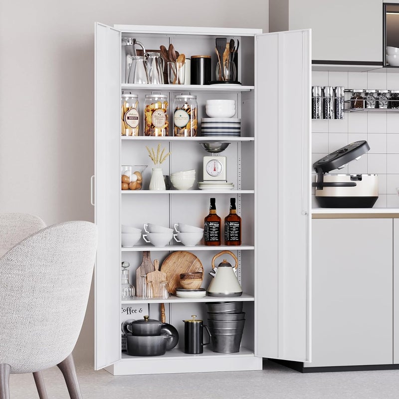 SISESOL Metal Storage Storage Cabinet with 5 Adjustable Shelves,White Metal Cabinet with Locking Doors,Steel Pantry Cabinet with Lock,71" Lockable Storage Cabinet for Home,Office,Garage,Kitchen,Shop - Image 2