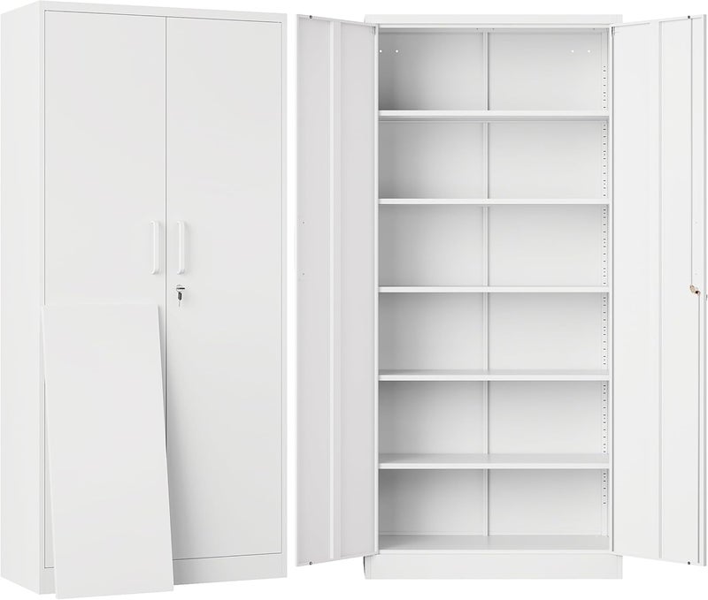 SISESOL Metal Storage Storage Cabinet with 5 Adjustable Shelves,White Metal Cabinet with Locking Doors,Steel Pantry Cabinet with Lock,71" Lockable Storage Cabinet for Home,Office,Garage,Kitchen,Shop - Image 1