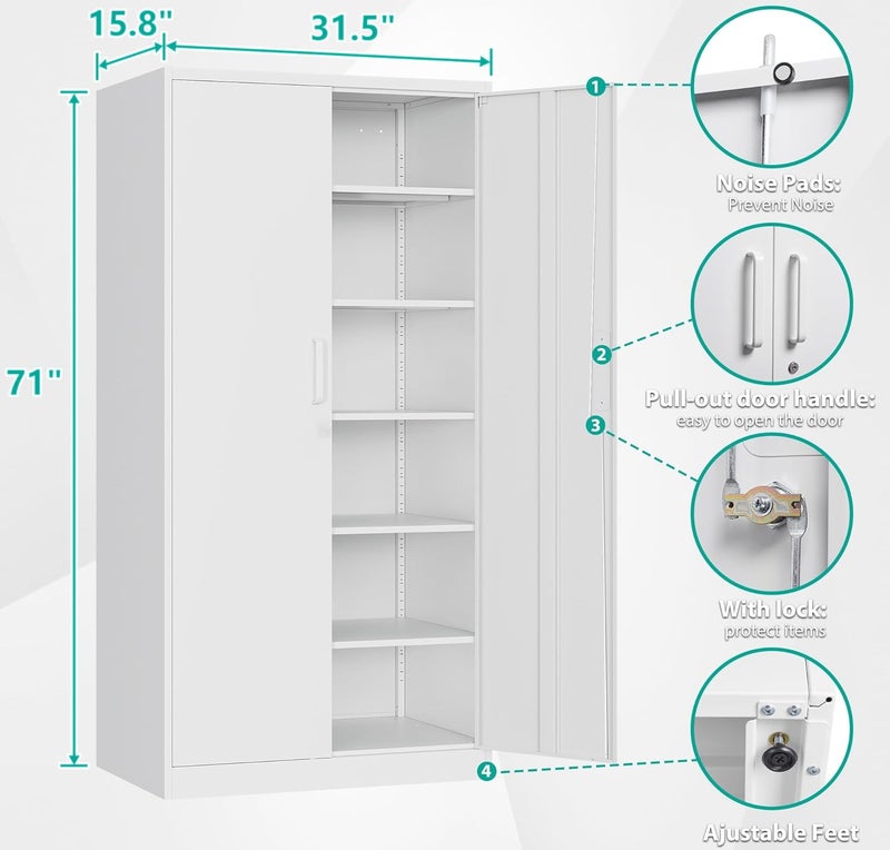 SISESOL Metal Storage Storage Cabinet with 5 Adjustable Shelves,White Metal Cabinet with Locking Doors,Steel Pantry Cabinet with Lock,71" Lockable Storage Cabinet for Home,Office,Garage,Kitchen,Shop - Image 3