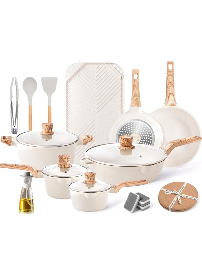 طقم أدوات طبخ 20 قطعة، حلل ومقالي غير لاصقة، أدوات طبخ جرانيت للحث، طقم مطبخ غير لاصق، صينية خبز طويلة بيج كريم، خالية من PFOS وPFOA - Image 1