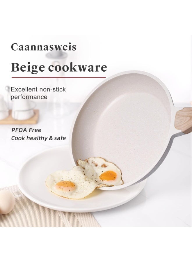 طقم أدوات طبخ 20 قطعة، حلل ومقالي غير لاصقة، أدوات طبخ جرانيت للحث، طقم مطبخ غير لاصق، صينية خبز طويلة بيج كريم، خالية من PFOS وPFOA - Image 3