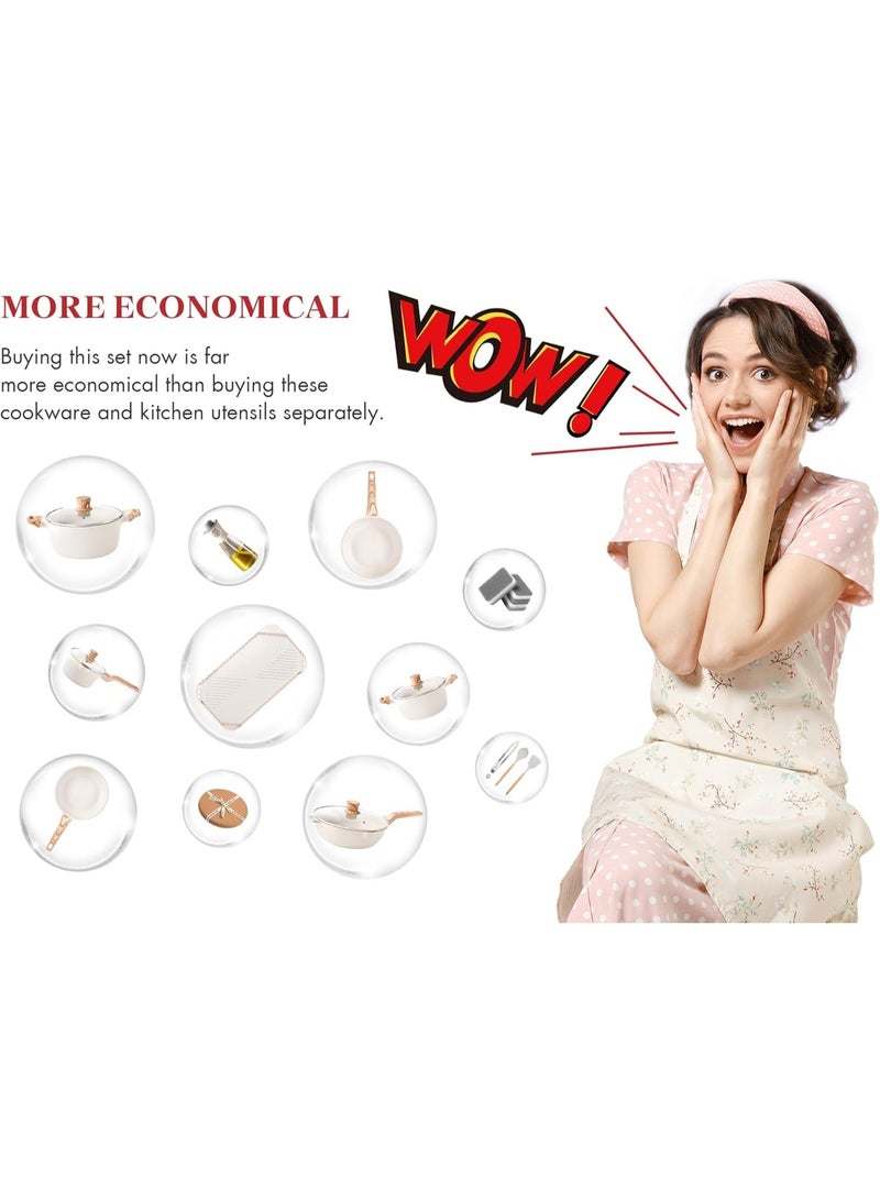 طقم أدوات طبخ 20 قطعة، حلل ومقالي غير لاصقة، أدوات طبخ جرانيت للحث، طقم مطبخ غير لاصق، صينية خبز طويلة بيج كريم، خالية من PFOS وPFOA - Image 5