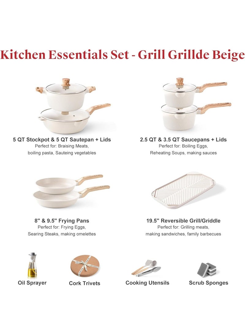 طقم أدوات طبخ 20 قطعة، حلل ومقالي غير لاصقة، أدوات طبخ جرانيت للحث، طقم مطبخ غير لاصق، صينية خبز طويلة بيج كريم، خالية من PFOS وPFOA - Image 2