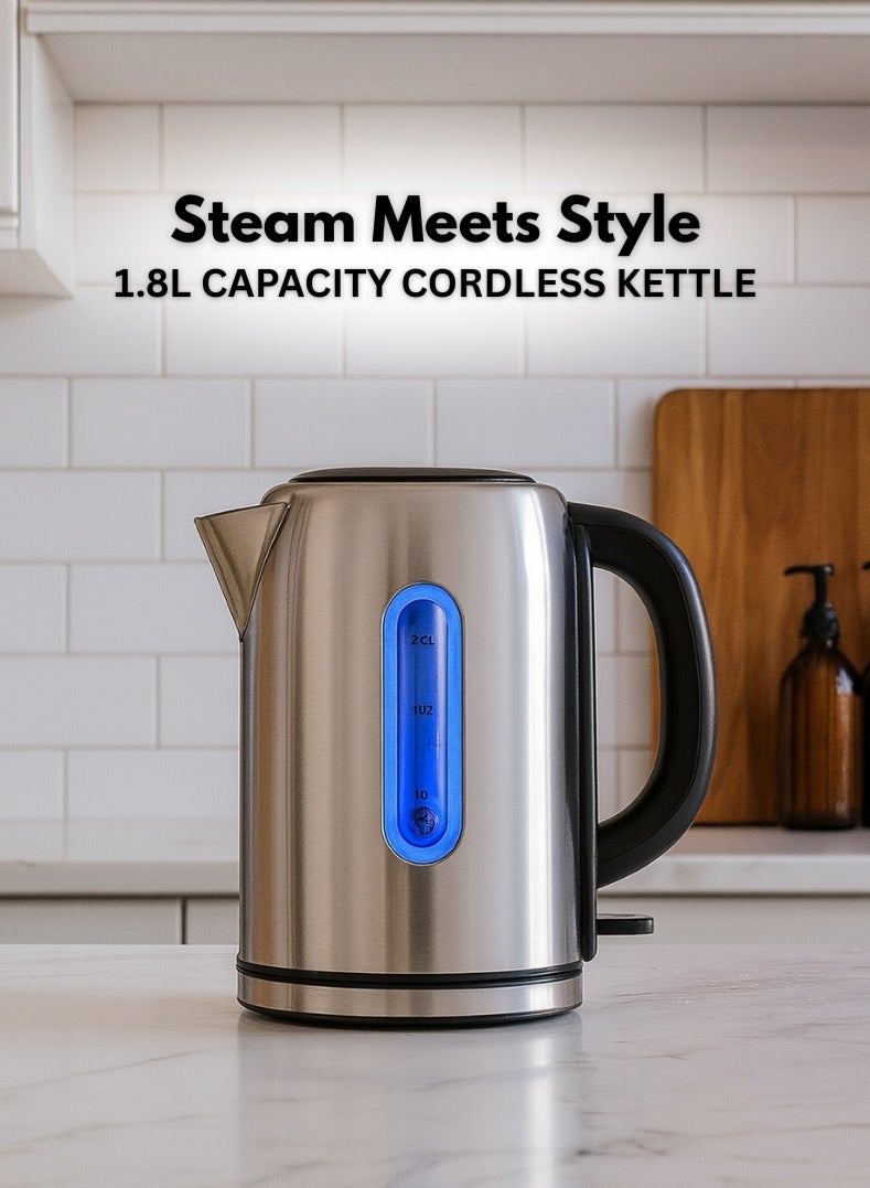 Venus غلاية كهربائية بدون سلك من الفولاذ المقاوم للصدأ سعة 1.8 لتر – غطاء علوي تلقائي، مؤشر مستوى الماء من جانب واحد، إيقاف تلقائي، قوة 220 واط – غلاية ماء ساخن متينة وآمنة للاستخدام المنزلي والمكتبي - Image 1