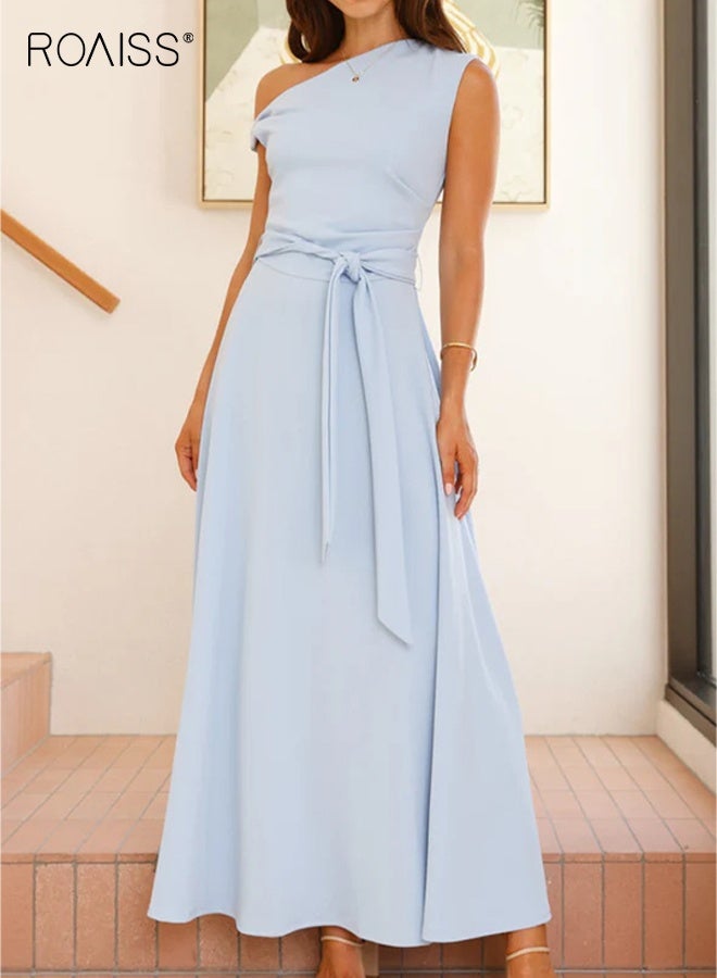 roaiss Women's Light Blue One Shoulder Dress Lace-Up Dress Corset Detailing Summer Pure Color Fashion for Women Suitable for Daily Commuting - Image 1