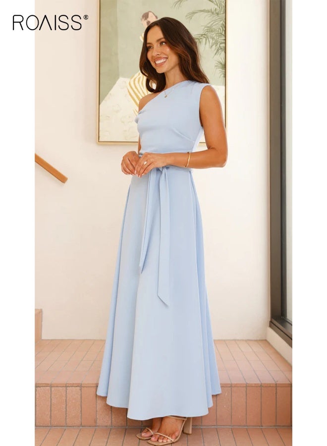 roaiss Women's Light Blue One Shoulder Dress Lace-Up Dress Corset Detailing Summer Pure Color Fashion for Women Suitable for Daily Commuting - Image 3