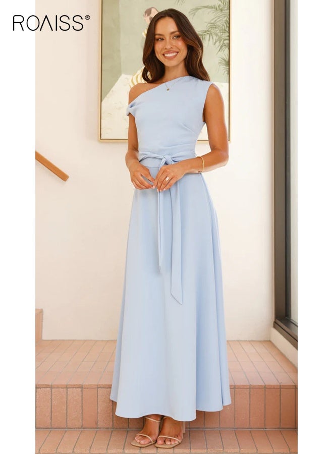 roaiss Women's Light Blue One Shoulder Dress Lace-Up Dress Corset Detailing Summer Pure Color Fashion for Women Suitable for Daily Commuting - Image 2