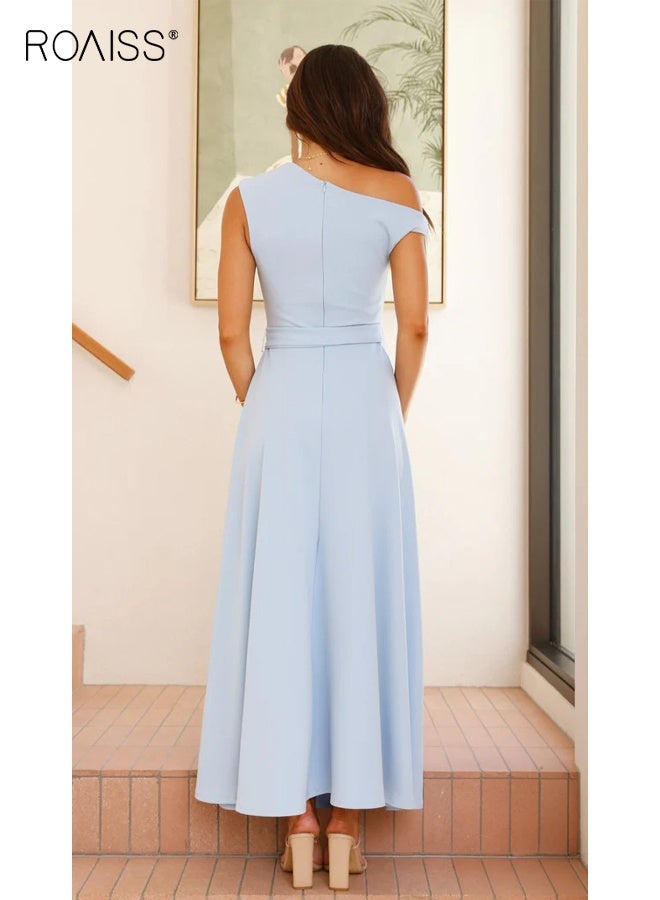 roaiss Women's Light Blue One Shoulder Dress Lace-Up Dress Corset Detailing Summer Pure Color Fashion for Women Suitable for Daily Commuting - Image 4