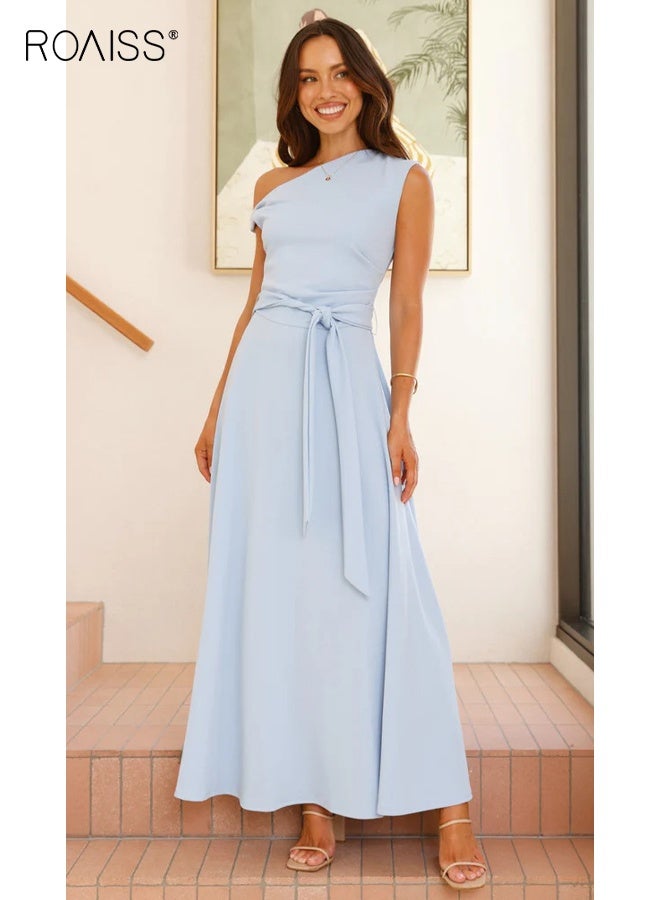 roaiss Women's Light Blue One Shoulder Dress Lace-Up Dress Corset Detailing Summer Pure Color Fashion for Women Suitable for Daily Commuting - Image 5