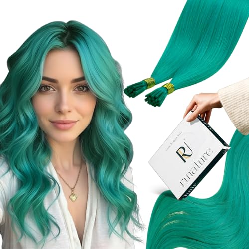 RUNATURE I Tip Hair Extensions Real Human Hair 14 Inch Teal Green Hair Extensions Colorful Highlight Party Hair Itip Human Extensions Cold Fusion Pre Bonded Natural Hair 20g 25s - Image 2