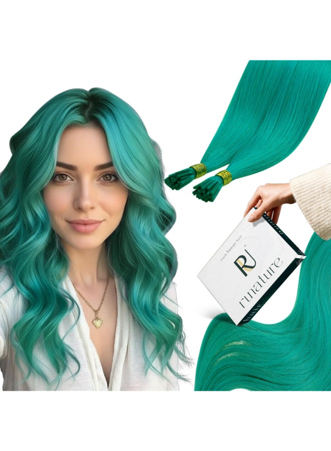 RUNATURE I Tip Hair Extensions Real Human Hair 14 Inch Teal Green Hair Extensions Colorful Highlight Party Hair Itip Human Extensions Cold Fusion Pre Bonded Natural Hair 20g 25s - Image 3