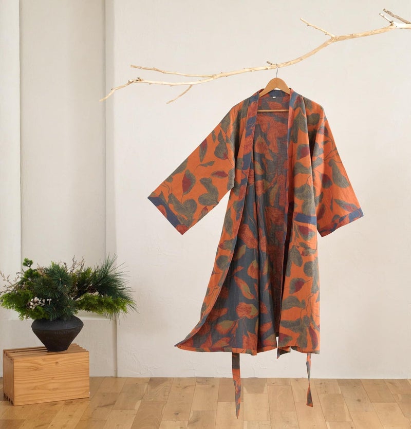 Kimono Robe 100% Cotton Gauze Botanical Leaf Print - Image 2