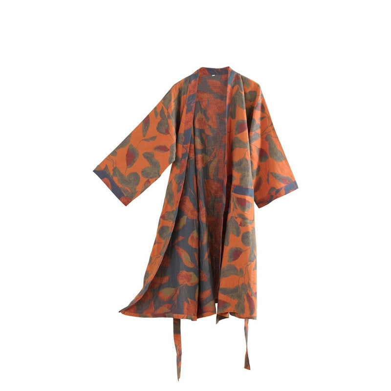 Kimono Robe 100% Cotton Gauze Botanical Leaf Print - Image 1