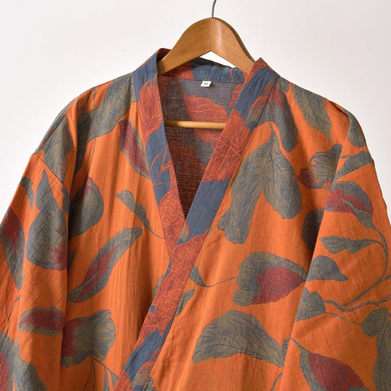 Kimono Robe 100% Cotton Gauze Botanical Leaf Print - Image 3