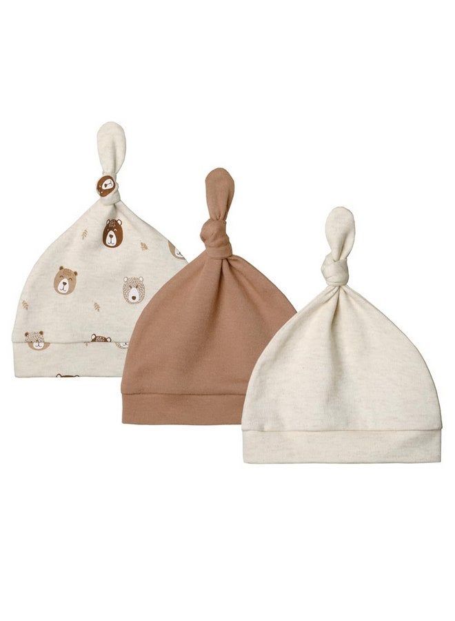 Owlivia Organic Newborn Knot Hats, Hospital Baby Beanies, Unisex Infant Caps, 3-Pack (Newborn, Mini Bears&Beige&Brown) - Image 1