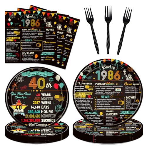 refavor 40th Birthday Plates and Napkins, 96PCS Vintage 40th Birthday Party Decorations Supplies for Women Men, Back in 1986 Cheers to 40 Years Disposable Tableware Set Serve 24 - Image 1