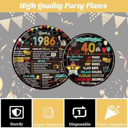 refavor 40th Birthday Plates and Napkins, 96PCS Vintage 40th Birthday Party Decorations Supplies for Women Men, Back in 1986 Cheers to 40 Years Disposable Tableware Set Serve 24 - Image 4