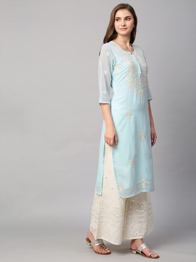 RATAN Women's Georgette Straight Lucknowi Chikankari Ethnic Wear Kurta (LKN-Blue-X-Large) - Image 5