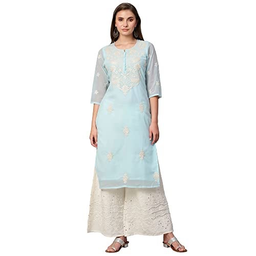 RATAN Women's Georgette Straight Lucknowi Chikankari Ethnic Wear Kurta (LKN-Blue-X-Large) - Image 1