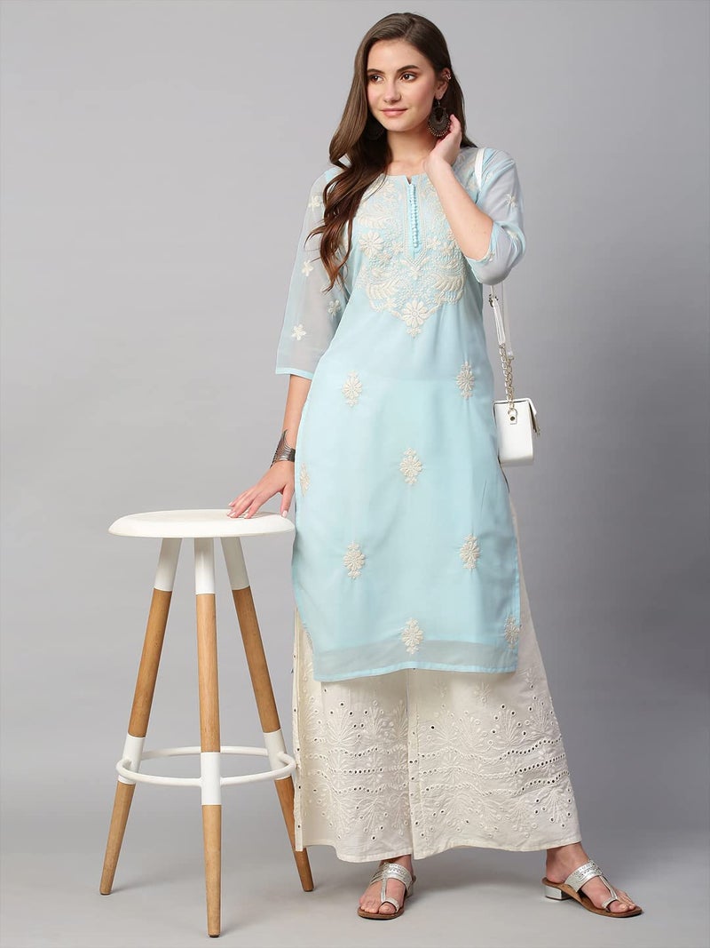 RATAN Women's Georgette Straight Lucknowi Chikankari Ethnic Wear Kurta (LKN-Blue-X-Large) - Image 4