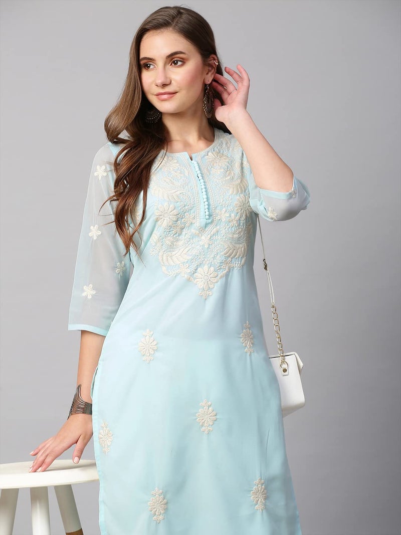 RATAN Women's Georgette Straight Lucknowi Chikankari Ethnic Wear Kurta (LKN-Blue-X-Large) - Image 2