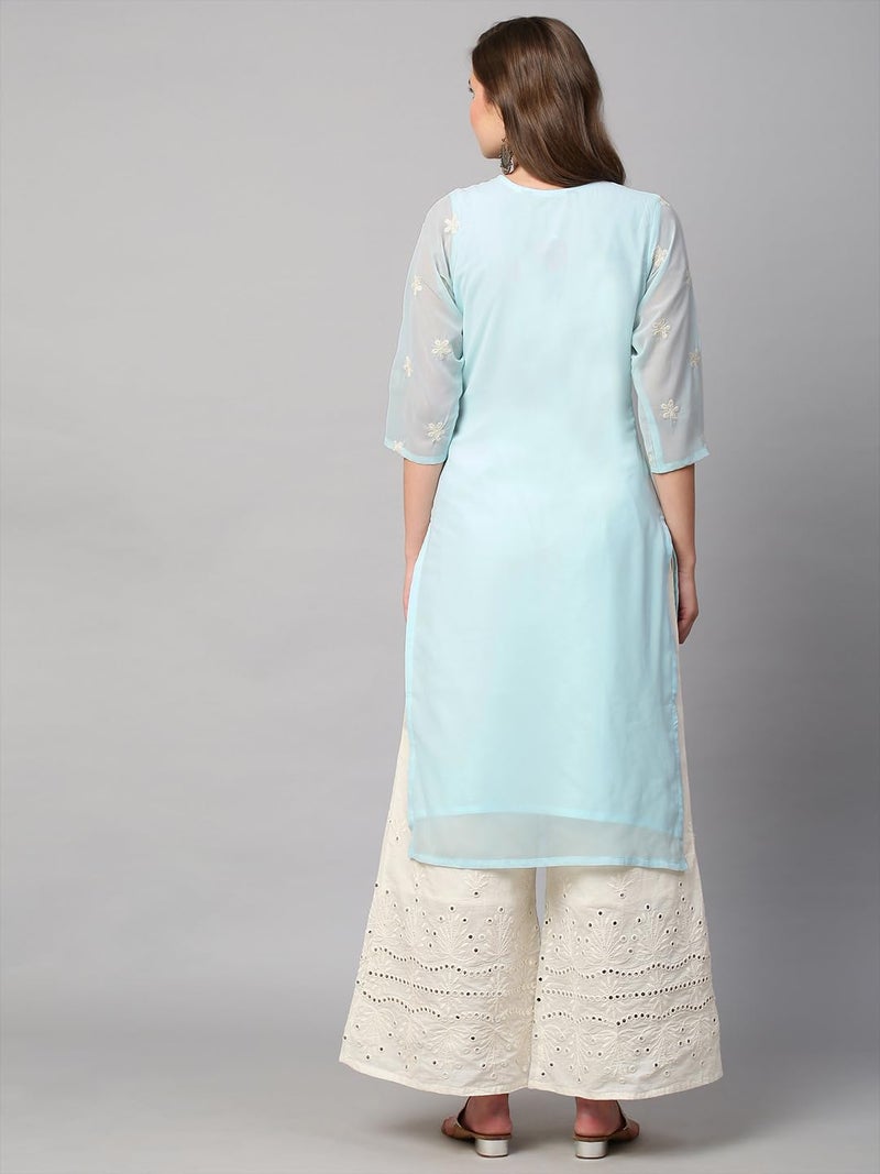 RATAN Women's Georgette Straight Lucknowi Chikankari Ethnic Wear Kurta (LKN-Blue-X-Large) - Image 3