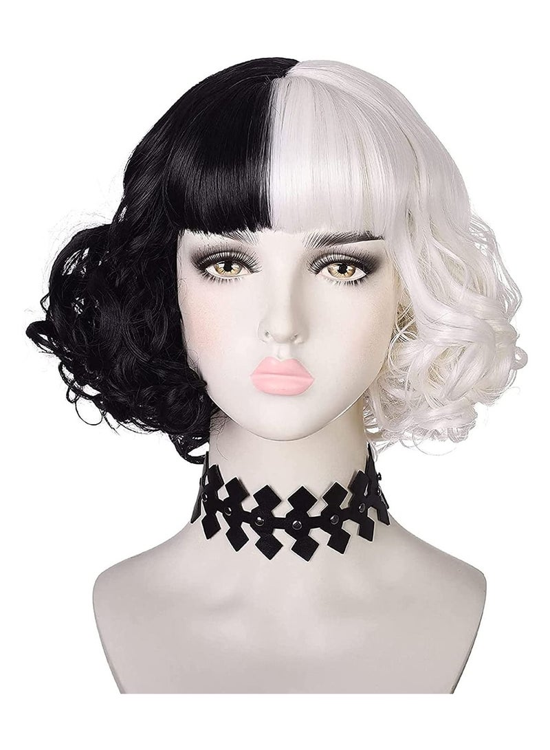 إستيل شعر مستعار أبيض وأسود قصير مموج اصطناعي قصير مموج بطول الكتف للنساء شعر مستعار مقاوم للحرارة بالكامل - Image 1