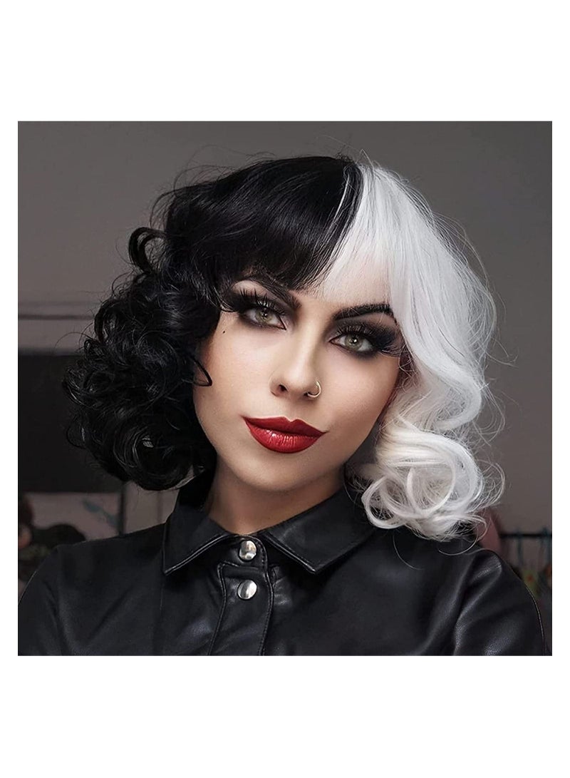 إستيل شعر مستعار أبيض وأسود قصير مموج اصطناعي قصير مموج بطول الكتف للنساء شعر مستعار مقاوم للحرارة بالكامل - Image 2
