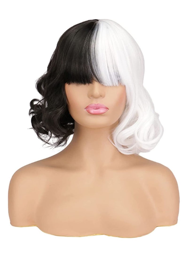 إستيل شعر مستعار أبيض وأسود قصير مموج اصطناعي قصير مموج بطول الكتف للنساء شعر مستعار مقاوم للحرارة بالكامل - Image 5