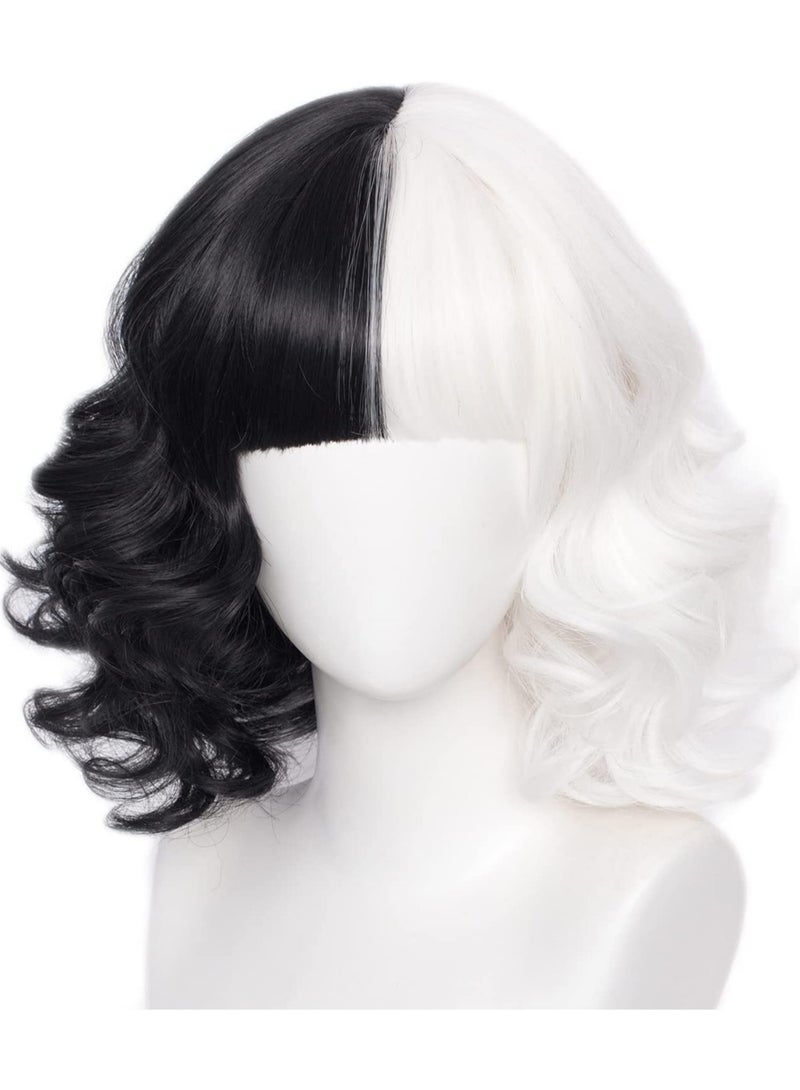 إستيل شعر مستعار أبيض وأسود قصير مموج اصطناعي قصير مموج بطول الكتف للنساء شعر مستعار مقاوم للحرارة بالكامل - Image 4