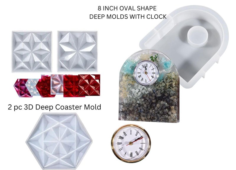 SNOOGG Pack of Four 8 INCH Deep Oval Shape with 2 molds 3D Deep Coaser and one Clock Silicone Heavy Duty Moulds Epoxy Resin Casting Resin Art DIY Project - Image 2